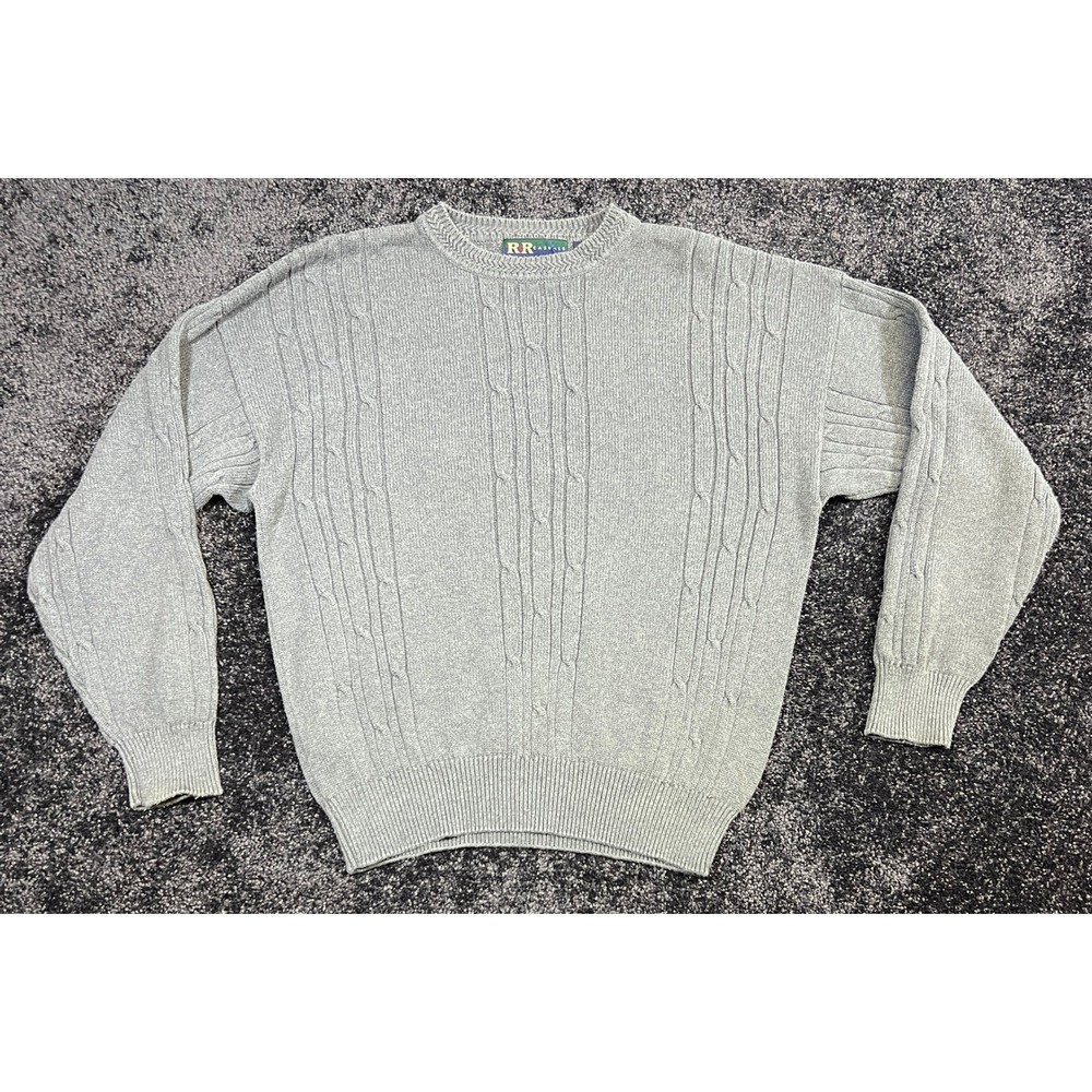 Vintage R&R Casuals Men's Gray Cable Knit Cotton Sweater Crewneck Pullover